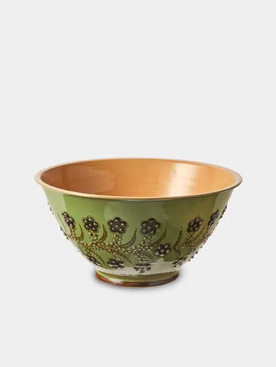 Poterie D’évires Poterie D'évires Flowers Hand-painted Ceramic Salad Bowl In Green