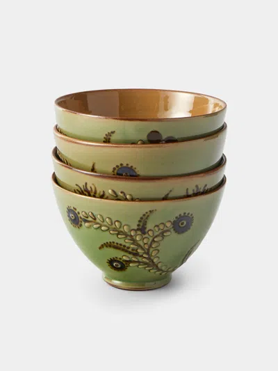 Poterie D’évires Poterie D'évires Flowers Hand-painted Ceramic Small Bowls (set Of 4) In Green