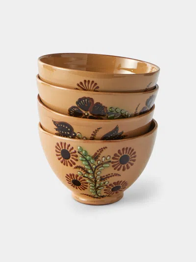 Poterie D’évires Poterie D'évires Flowers Hand-painted Ceramic Small Bowls (set Of 4) In Brown
