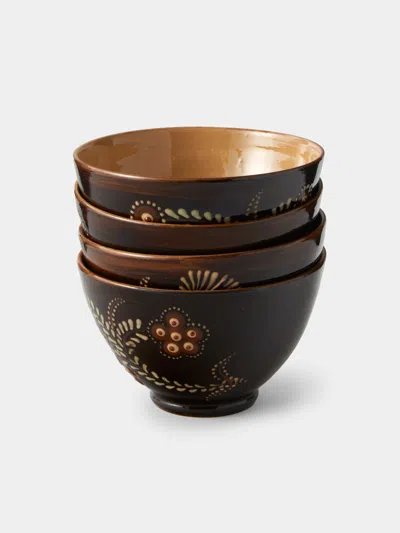 Poterie D’évires Poterie D'évires Flowers Hand-painted Ceramic Small Bowls (set Of 4) In Brown