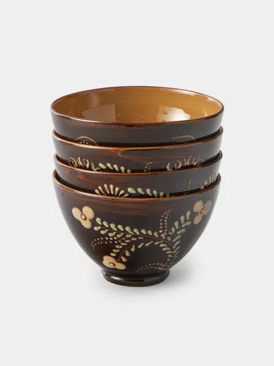 Poterie D’évires Poterie D'évires Flowers Hand-painted Ceramic Small Bowls (set Of 4) In Brown