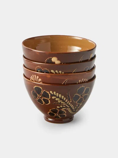 Poterie D’évires Poterie D'évires Flowers Hand-painted Ceramic Small Bowls (set Of 4) In Brown