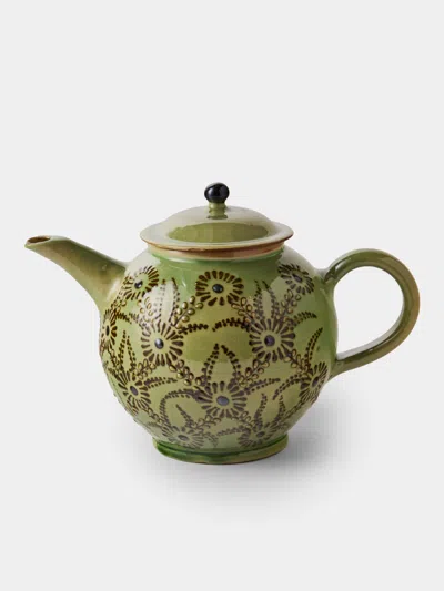 Poterie D’évires Poterie D'évires Flowers Hand-painted Ceramic Small Teapot In Green