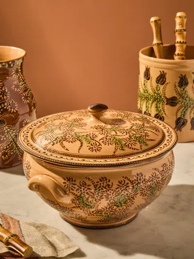 Poterie D’évires Poterie D'évires Flowers Hand-painted Ceramic Soup Tureen In Gold