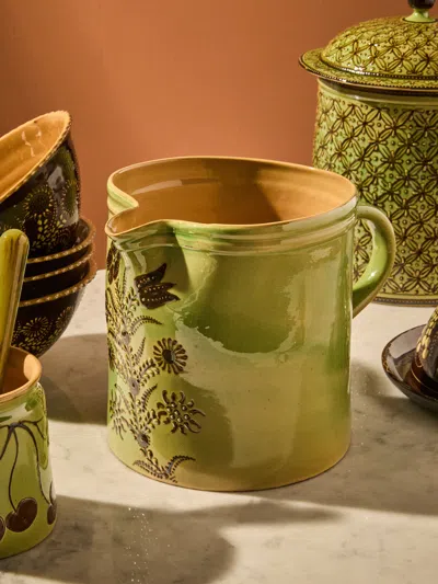 Poterie D’évires Poterie D'évires Flowers Hand-painted Ceramic Straight-edge Extra Large Jug In Green