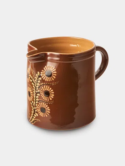 Poterie D’évires Poterie D'évires Flowers Hand-painted Ceramic Straight-edge Medium Jug In Brown