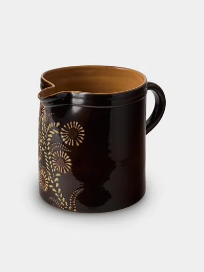 Poterie D’évires Poterie D'évires Flowers Hand-painted Ceramic Straight-edge Medium Jug In Brown
