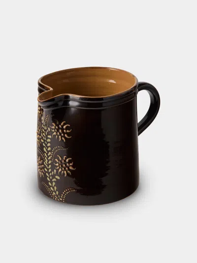 Poterie D’évires Poterie D'évires Flowers Hand-painted Ceramic Straight-edge Medium Jug In Brown