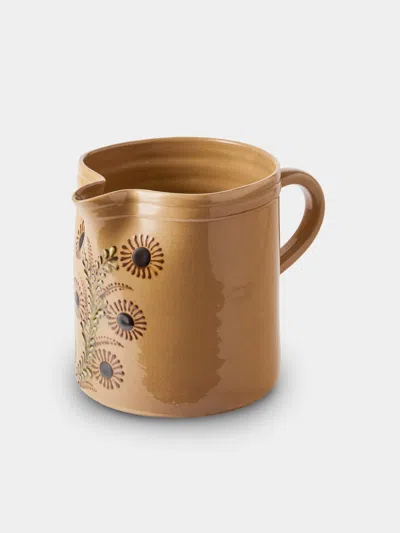 Poterie D’évires Poterie D'évires Flowers Hand-painted Ceramic Straight-edge Medium Jug In Brown