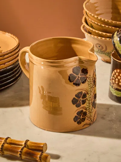 Poterie D’évires Poterie D'évires Flowers Hand-painted Ceramic Straight-edge Medium Jug In Brown