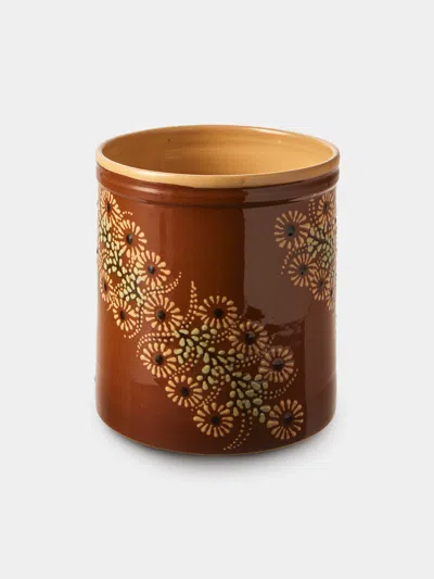 Poterie D’évires Poterie D'évires Flowers Hand-painted Ceramic Utensil Pot In Brown