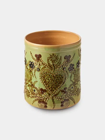 Poterie D’évires Poterie D'évires Flowers Hand-painted Ceramic Utensil Pot In Green