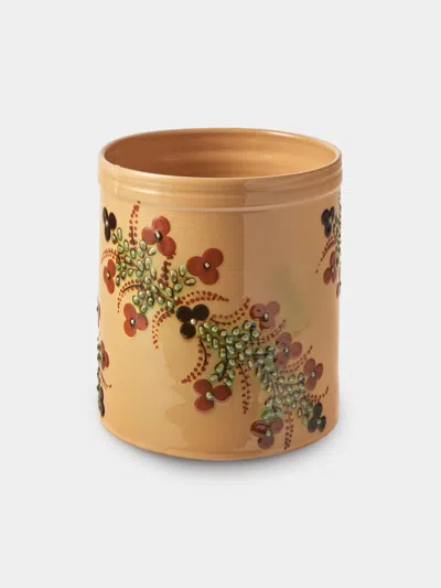 Poterie D’évires Poterie D'évires Flowers Hand-painted Ceramic Utensil Pot In Brown