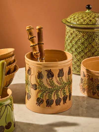 Poterie D’évires Poterie D'évires Flowers Hand-painted Ceramic Utensil Pot In Brown