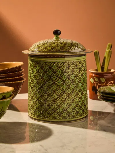 Poterie D’évires Poterie D'évires Geometric Hand-painted Ceramic Lidded Pot In Green