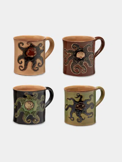 Poterie D’évires Poterie D'évires Octopus Hand-painted Ceramic Mugs (set Of 4) In Multi
