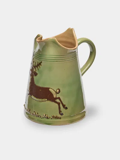 Poterie D’évires Poterie D'évires Stags Hand-painted Ceramic Petite Milk Jug In Green