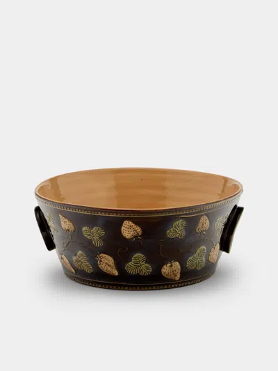 Poterie D’évires Poterie D'évires Strawberries Hand-painted Ceramic Large Handled Serving Bowl In Multi