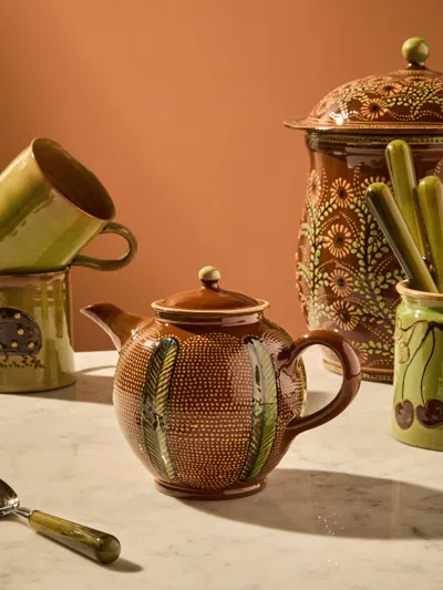 Poterie D’évires Poterie D'évires Stripes And Dots Hand-painted Ceramic Small Teapot In Brown