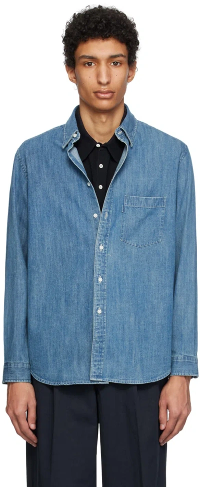 Pottery Blue Button Down Denim Shirt In Mid Blue
