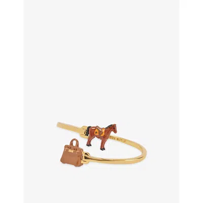 Poubel Mens Gold Brown Horse + Bag 14ct Gold-plated Sterling-silver Enamelled Bangle