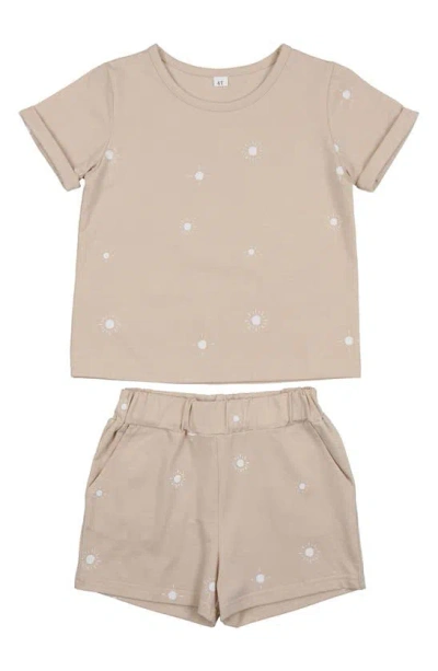 Pouf Babies' Sun Print Cotton T-shirt & Shorts Set In Brown