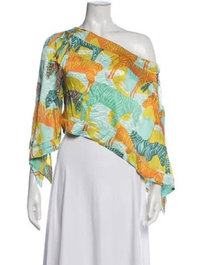 Pre-owned Poupette St Barth Animal Print One-shoulder Blouse In Green