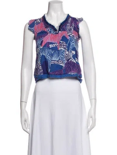 Pre-owned Poupette St Barth Animal Print V-neck Blouse In Blue/white