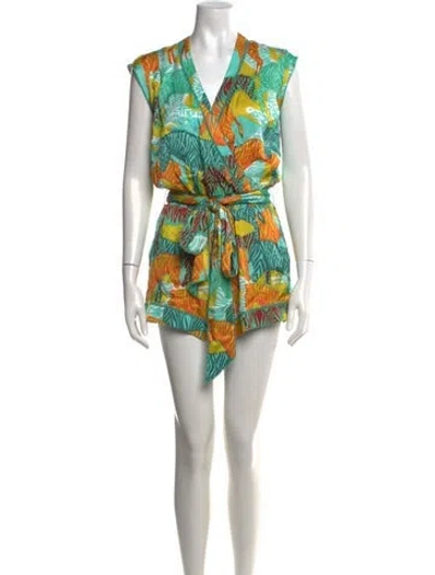 Pre-owned Poupette St Barth Animal Print V-neck Romper In Green