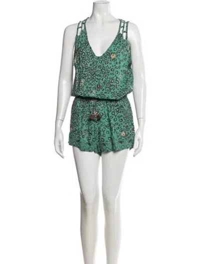 Pre-owned Poupette St Barth Animal Print V-neck Romper W/ Tags In Green
