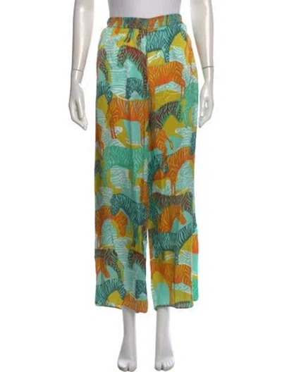 Pre-owned Poupette St Barth Animal Print Wide Leg Pants In Green