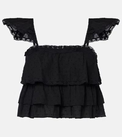Poupette St Barth Anya Ruffled Cotton Crop Top In Black