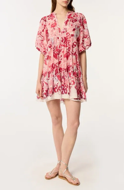 Poupette St Barth Aria Stripe Floral Cotton Cover-up Minidress In Pink Pencilleo
