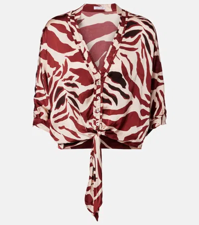 Poupette St Barth Azia Printed Tie-detail Satin Blouse In Brown