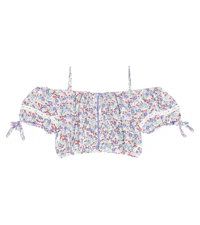 Poupette St Barth Kids' Bonny Floral Pleated Crop Top In Blue