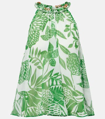 Poupette St Barth Cleo Floral Beaded Cotton Top In Green