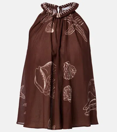 Poupette St Barth Cleo Printed Halterneck Cotton Top In Brown