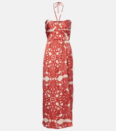 Poupette St Barth Collina Printed Satin Midi Dress In Red