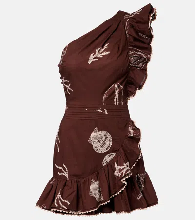 Poupette St Barth Corinne One-shoulder Cotton Minidress In Brown