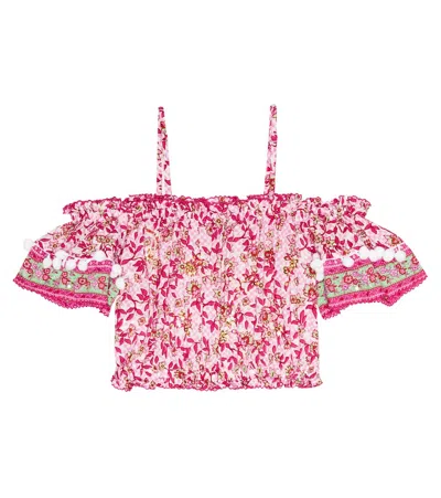 Poupette St Barth Kids' Donna Floral Off-shoulder Top In Pink Blossom