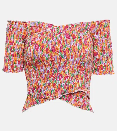 Poupette St Barth Floral Off-shoulder Crop Top In Orange Rose