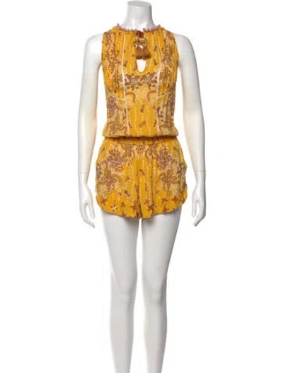 Pre-owned Poupette St Barth Floral Print Crew Neck Romper In Yellow