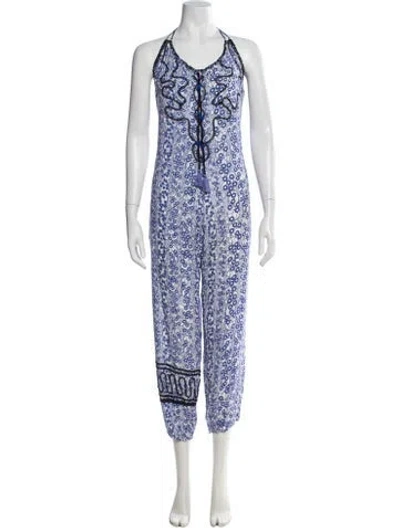 Pre-owned Poupette St Barth Floral Print Halterneck Jumpsuit In Blue/white