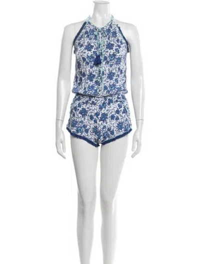 Pre-owned Poupette St Barth Floral Print Halterneck Romper In Blue