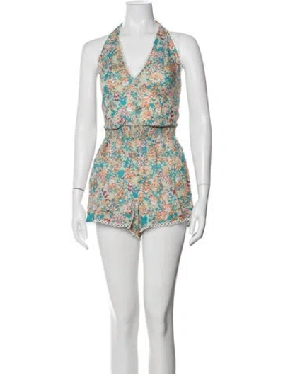 Pre-owned Poupette St Barth Floral Print Halterneck Romper In Green