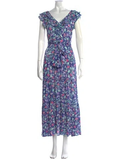 Pre-owned Poupette St Barth Floral Print Long Dress In Blue
