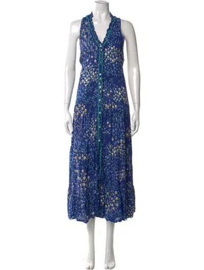 Pre-owned Poupette St Barth Floral Print Long Dress In Blue