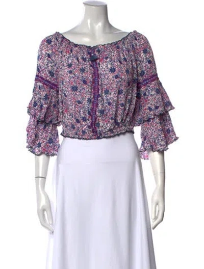 Pre-owned Poupette St Barth Floral Print Off-the-shoulder Blouse In Blue