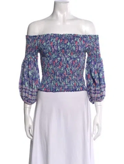 Pre-owned Poupette St Barth Floral Print Off-the-shoulder Crop Top In Blue
