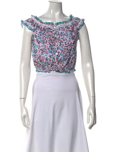 Pre-owned Poupette St Barth Floral Print Off-the-shoulder Crop Top In Blue